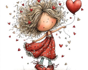 38 JPG Whimsical Valentine Girl Clipart – Cute Watercolor Love Character – Festive JPG Illustrations (Digital Download)