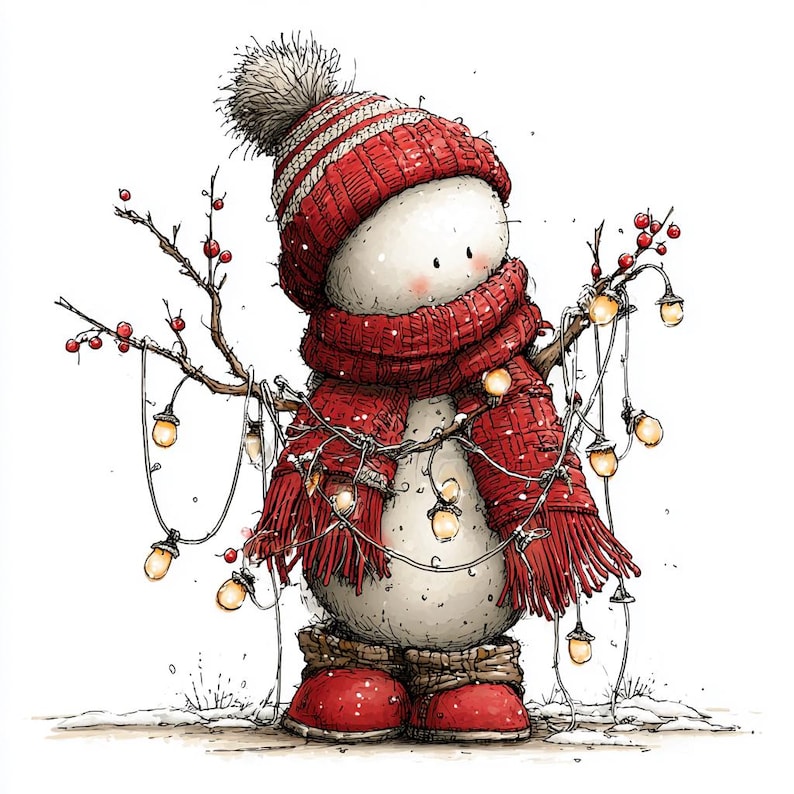 Puede incluir: Ilustraci&oacute;n de un mu&ntilde;eco de nieve caprichoso. El mu&ntilde;eco de nieve lleva un gorro a rayas rojas y blancas, una bufanda a juego y botas rojas. Ramas con bayas y luces de cadena est&aacute;n sobre sus brazos, creando una escena festiva.