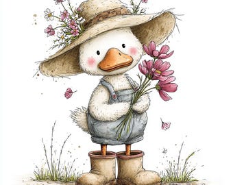 Watercolor Duck Clipart Set Baby Duck JPG, Spring Farm Animals, Floral Illustrations, Nursery Art