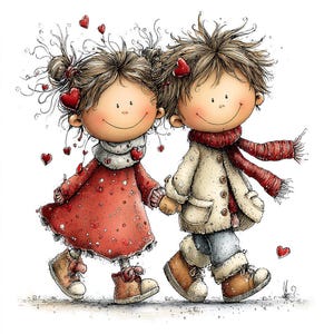 May include: A whimsical illustration of two cartoon figures holding hands and walking. The figures are dressed in winter attire, including coats, scarves, and boots. Red heart accents are scattered throughout the image, suggesting a theme of love and affection. The overall style is cute and cheerful.