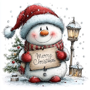 May include: A round snowman wearing a red hat with white fur trim, a red and brown plaid scarf, and red mittens. The snowman holds a wooden sign with the text Merry Christmas. Beside it stands a decorated pine tree and a lit street lamp.