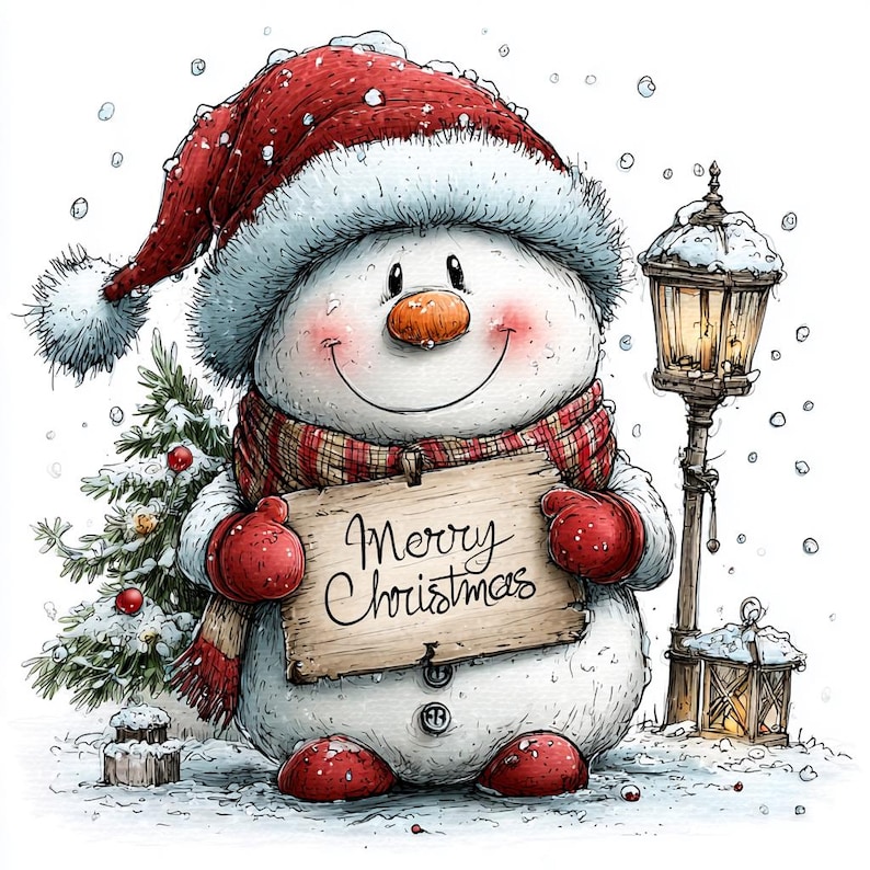 May include: A round snowman wearing a red hat with white fur trim, a red and brown plaid scarf, and red mittens. The snowman holds a wooden sign with the text Merry Christmas. Beside it stands a decorated pine tree and a lit street lamp.