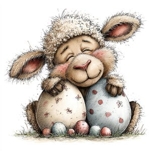 May include: A charming illustration of a smiling sheep hugging two decorated Easter eggs. The sheep is light brown with a fluffy, cream-colored head covering and pink cheeks. The eggs are pastel colors with floral and polka dot designs.