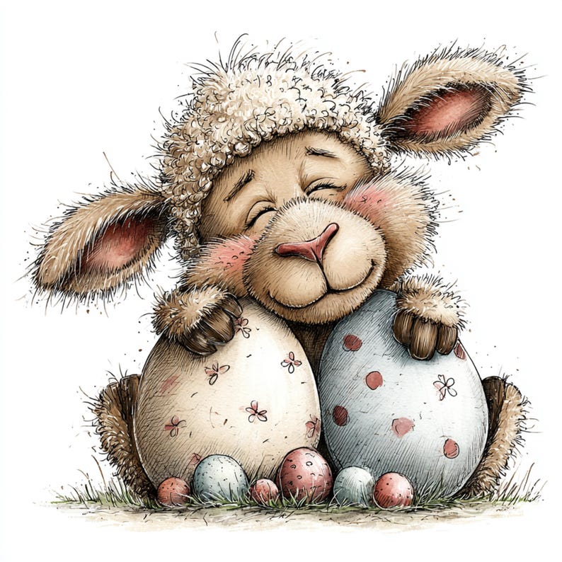 May include: A charming illustration of a smiling sheep hugging two decorated Easter eggs. The sheep is light brown with a fluffy, cream-colored head covering and pink cheeks. The eggs are pastel colors with floral and polka dot designs.