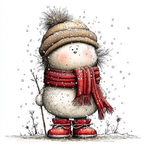 Op de afbeelding: Illustratie van een grillige sneeuwman. De sneeuwman draagt een bruine gebreide muts met een pompon, een rode sjaal en rode laarzen. Hij houdt een klein stokje vast en is omringd door vallende sneeuwvlokken. De sneeuwman heeft roze wangen en een wortelneus.