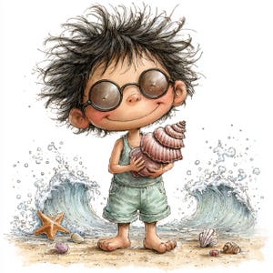Peut inclure: Illustration à l'aquarelle d'un enfant souriant portant des lunettes rondes et tenant un grand coquillage. L'enfant est vêtu d'un débardeur et d'un short vert clair, debout sur une plage de sable avec des vagues et des coquillages en arrière-plan.