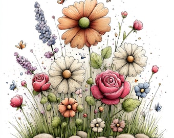 27 JPG Whimsical Flowers Spring Clipart: Floral Graphics (Digital Download)