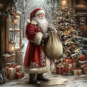 May include: A Santa Claus figure wearing a red coat with white fur trim and a matching hat, holding a large beige sack. The scene includes a decorated Christmas tree with lights and ornaments, a lantern, and several wrapped gift boxes.