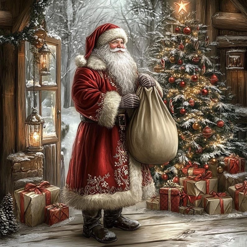May include: A Santa Claus figure wearing a red coat with white fur trim and a matching hat, holding a large beige sack. The scene includes a decorated Christmas tree with lights and ornaments, a lantern, and several wrapped gift boxes.