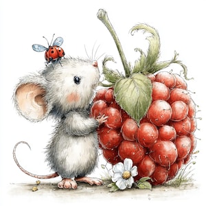 May include: A watercolor illustration of a cute mouse with a ladybug on its head, next to a large red raspberry. A white flower and green leaves are also present. The mouse is holding the raspberry.