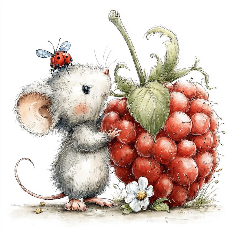 May include: A watercolor illustration of a cute mouse with a ladybug on its head, next to a large red raspberry. A white flower and green leaves are also present. The mouse is holding the raspberry.