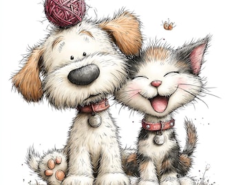 32 JPG Whimsical Cat and Dog Friends Clipart – Cute Cartoon Animal Graphics, Playful Pet Illustrations, Digital Download