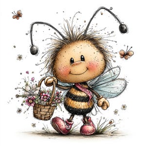 May include: A whimsical illustration of a cartoon bee with a smiling face, holding a basket of flowers. The bee has black and yellow stripes, pink shoes, and a pink sash. Butterflies and small flowers are scattered around the bee.