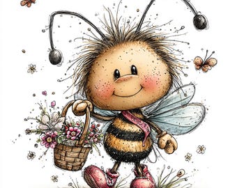 32 JPG Whimsical Bee Clipart – Cute Quirky Spring Bee with Flowers & Honey for Kids and Nursery JPG