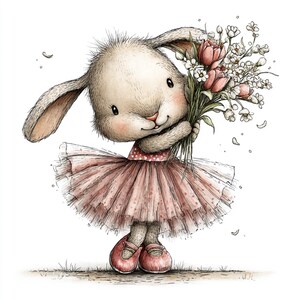 May include: A charming illustration of a bunny wearing a pink tutu and ballet flats, holding a bouquet of flowers. The bunny has soft, textured fur and a sweet expression. The flowers include pink tulips and white blossoms.