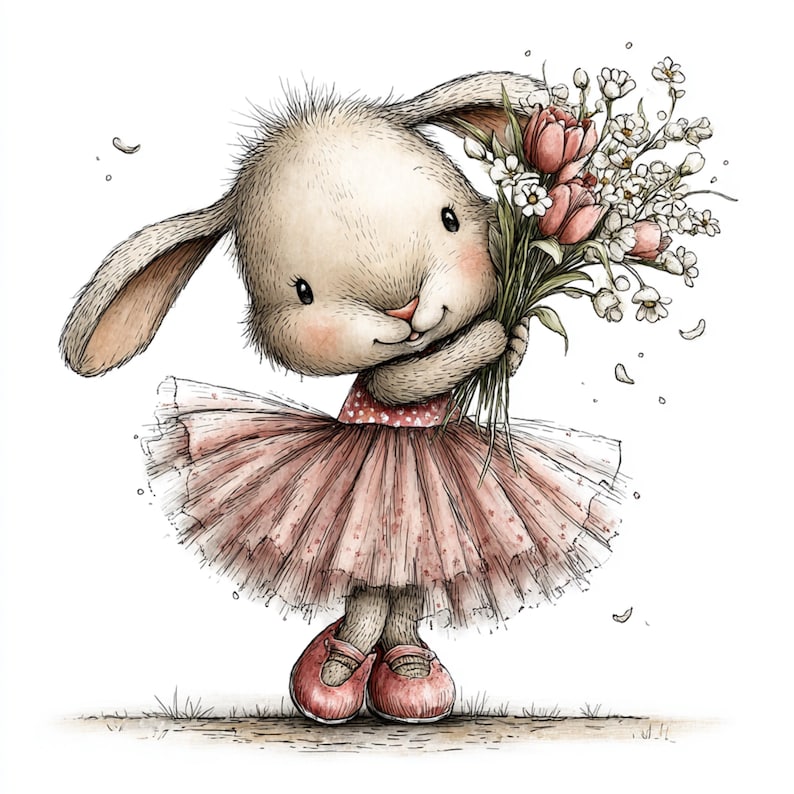 May include: A charming illustration of a bunny wearing a pink tutu and ballet flats, holding a bouquet of flowers. The bunny has soft, textured fur and a sweet expression. The flowers include pink tulips and white blossoms.