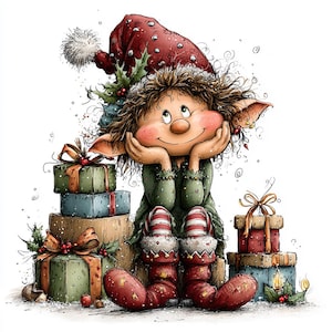 Puede incluir: Una ilustración caprichosa de un elfo de ojos grandes y cabello castaño alborotado, que lleva un gorro rojo con lunares blancos y una túnica verde. El elfo está sentado rodeado de varios regalos envueltos con cintas, decorados con acebo y bayas.