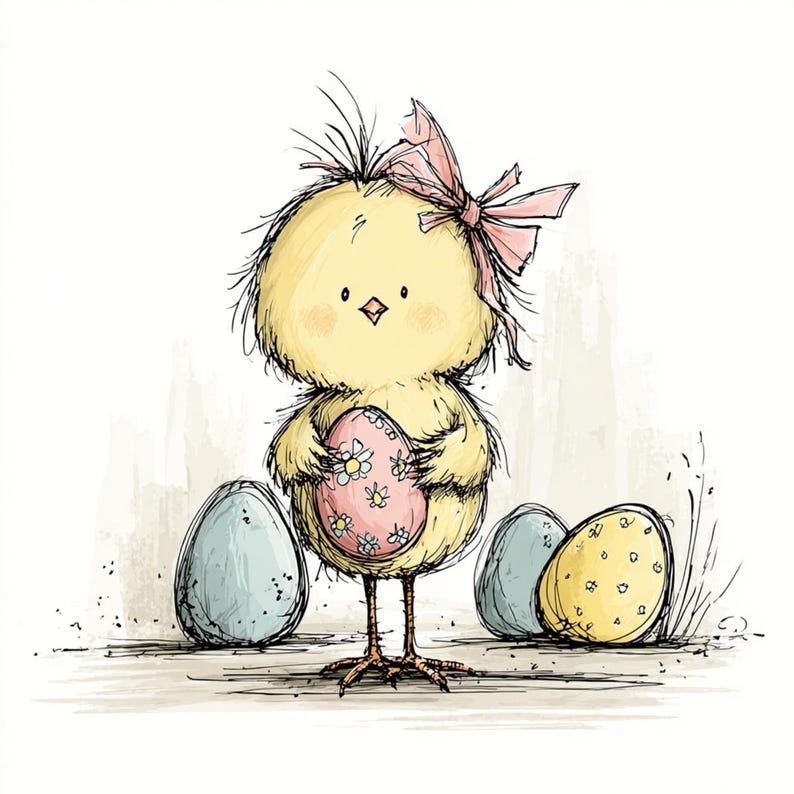 May include: A hand-drawn illustration of a yellow chick wearing a pink bow, holding a pink Easter egg decorated with flowers. Two blue eggs and a yellow egg with polka dots are on the ground. The chick has a sweet expression and is standing upright.
