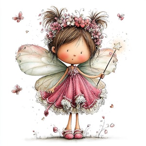 Puede incluir: Ilustración caprichosa de un hada con cabello castaño, un vestido rosa y delicadas alas. Lleva una corona floral y sostiene una varita con punta de estrella. Mariposas y flores rosas la rodean, creando una escena mágica y de cuento de hadas.
