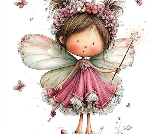 Puede incluir: Ilustración caprichosa de un hada con cabello castaño, un vestido rosa y delicadas alas. Lleva una corona floral y sostiene una varita con punta de estrella. Mariposas y flores rosas la rodean, creando una escena mágica y de cuento de hadas.