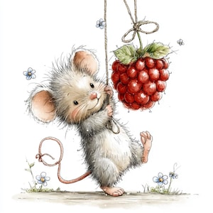 May include: A watercolor illustration of a cute mouse hanging from a string attached to a large red raspberry. The mouse has gray fur, pink ears, and a long pink tail. Small blue flowers are scattered around.