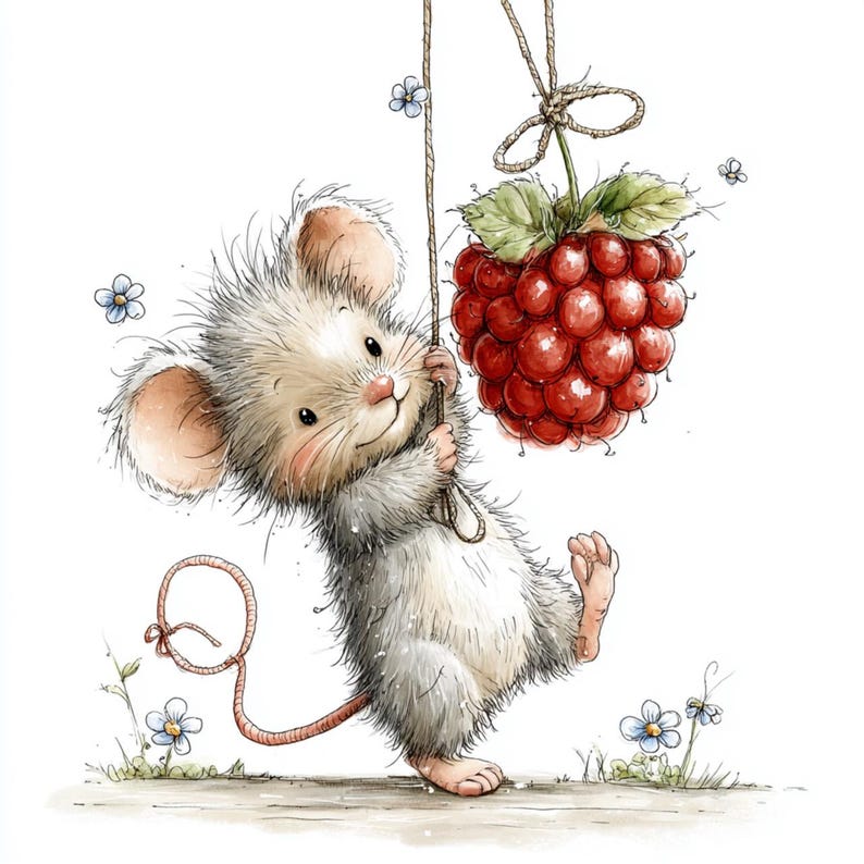 May include: A watercolor illustration of a cute mouse hanging from a string attached to a large red raspberry. The mouse has gray fur, pink ears, and a long pink tail. Small blue flowers are scattered around.