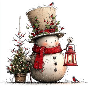 Puede incluir: Ilustraci&oacute;n caprichosa de un mu&ntilde;eco de nieve con sombrero de copa adornado con acebo y una bufanda roja. Sostiene una linterna y un bast&oacute;n, con un peque&ntilde;o &aacute;rbol de Navidad y un p&aacute;jaro cerca. El mu&ntilde;eco de nieve tiene una sonrisa.