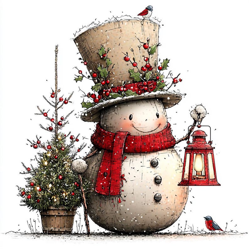 Puede incluir: Ilustraci&oacute;n caprichosa de un mu&ntilde;eco de nieve con sombrero de copa adornado con acebo y una bufanda roja. Sostiene una linterna y un bast&oacute;n, con un peque&ntilde;o &aacute;rbol de Navidad y un p&aacute;jaro cerca. El mu&ntilde;eco de nieve tiene una sonrisa.
