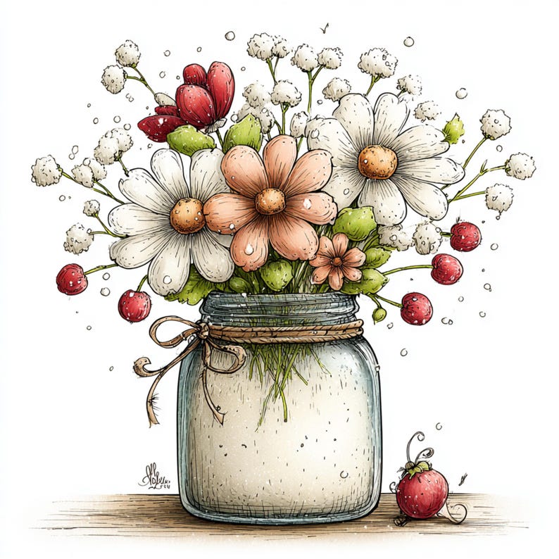 Peut inclure: Illustration fantaisiste d'un bouquet de fleurs dans un bocal en verre. L'arrangement comprend des marguerites blanches, des fleurs p&ecirc;che, des baies rouges et du gypsophile blanc. Le bocal est nou&eacute; avec de la ficelle et pos&eacute; sur une surface en bois.