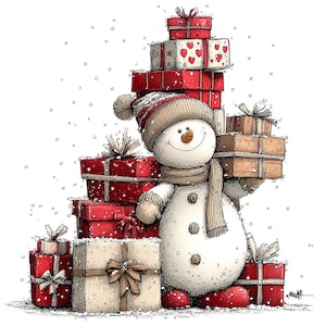 Op de afbeelding: Een grillige illustratie van een sneeuwman omringd door cadeaus. De sneeuwman draagt een hoed, sjaal en wanten en houdt een stapel cadeaus vast. Rode en cr&egrave;mekleurige geschenkdozen zijn rond de sneeuwman gestapeld, sommige met hartpatronen.
