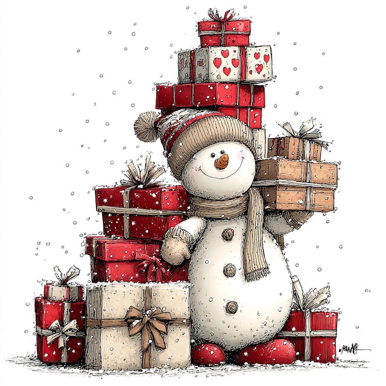 Op de afbeelding: Een grillige illustratie van een sneeuwman omringd door cadeaus. De sneeuwman draagt een hoed, sjaal en wanten en houdt een stapel cadeaus vast. Rode en cr&egrave;mekleurige geschenkdozen zijn rond de sneeuwman gestapeld, sommige met hartpatronen.