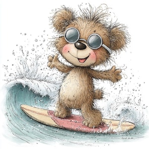 Puede incluir: Ilustración de dibujos animados de un oso de peluche marrón surfeando sobre una ola. El oso lleva gafas de sol y está de pie sobre una tabla de surf rosa y beige. El agua salpica alrededor del oso y la tabla de surf. El oso tiene una expresión feliz.