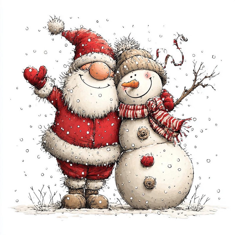 Puede incluir: Una ilustraci&oacute;n caprichosa de Pap&aacute; Noel y un mu&ntilde;eco de nieve abraz&aacute;ndose en una escena nevada. Pap&aacute; Noel viste un traje rojo con ribetes blancos, y el mu&ntilde;eco de nieve lleva un gorro y una bufanda. La imagen evoca un tema navide&ntilde;o festivo.