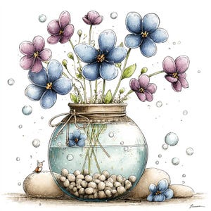 Peut inclure: Illustration &agrave; l'aquarelle d'un vase en verre rempli d'eau, de petites pierres et de fleurs bleues et violettes. Un petit hibou est assis sur une pierre &agrave; c&ocirc;t&eacute; du vase. Des bulles flottent autour du vase.