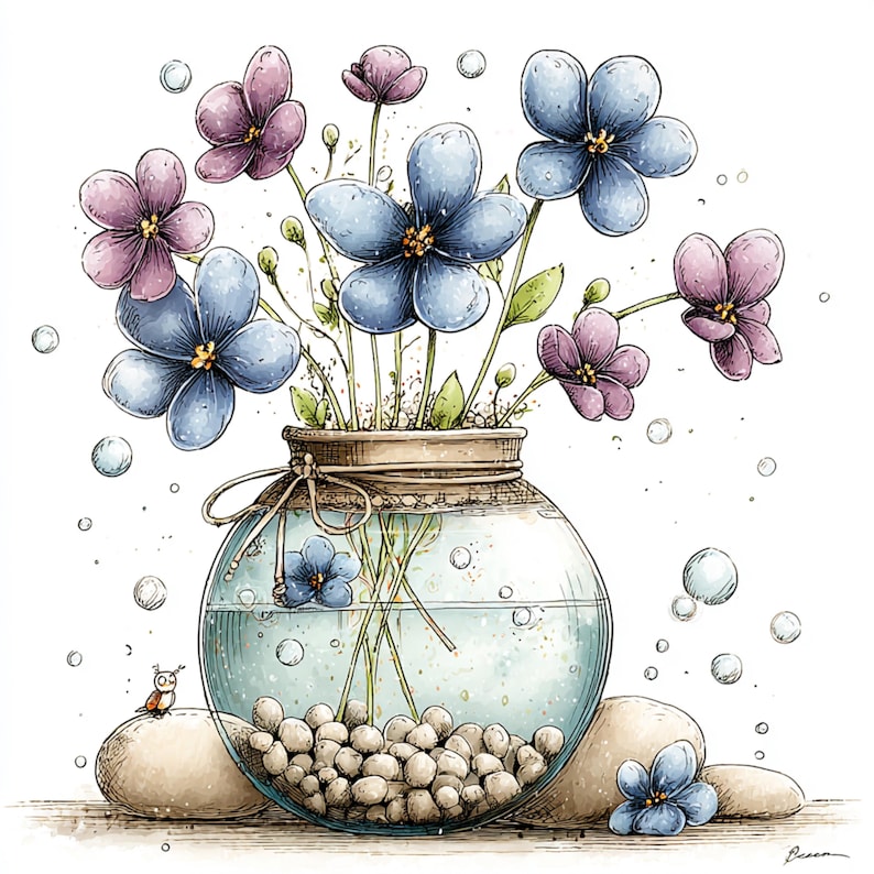 Peut inclure: Illustration &agrave; l'aquarelle d'un vase en verre rempli d'eau, de petites pierres et de fleurs bleues et violettes. Un petit hibou est assis sur une pierre &agrave; c&ocirc;t&eacute; du vase. Des bulles flottent autour du vase.