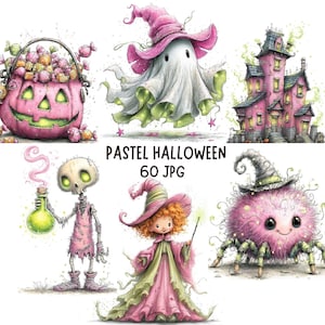 Könnte beinhalten: Eine Sammlung von Illustrationen im Pastell-Halloween-Stil. Die Bilder zeigen einen rosa Kürbis-Korb voller Süßigkeiten, einen Geist mit einem rosa Hexenhut, ein rosa Spukhaus, ein Skelett mit einem Trank, eine Hexe und eine flauschige Spinne.