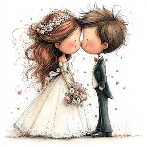 Può includere: Illustrazione di matrimonio di una coppia. La sposa indossa un abito bianco e tiene un bouquet di rose rosa. Lo sposo indossa uno smoking nero. Si baciano, con piccoli cuori intorno. Lo stile è morbido e romantico.