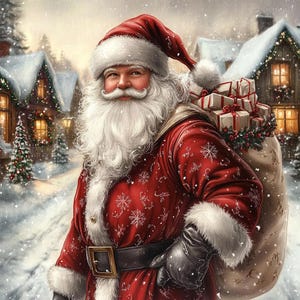 May include: Santa Claus wearing a red coat with white snowflake patterns and white fur trim, a matching hat, and a black belt with a gold buckle. Santa carries a large beige sack filled with white gift boxes tied with red ribbons over one shoulder.