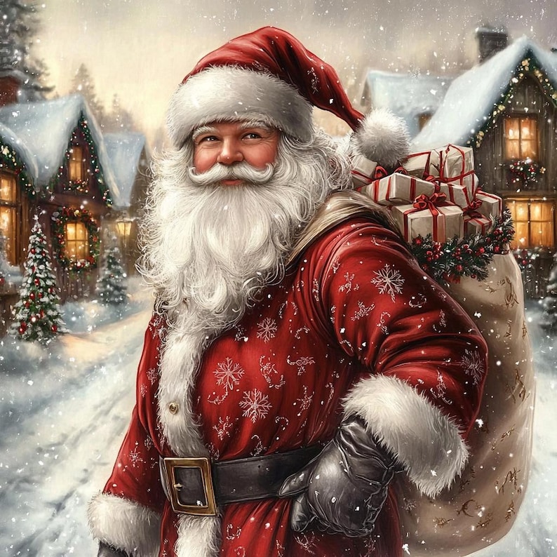 May include: Santa Claus wearing a red coat with white snowflake patterns and white fur trim, a matching hat, and a black belt with a gold buckle. Santa carries a large beige sack filled with white gift boxes tied with red ribbons over one shoulder.