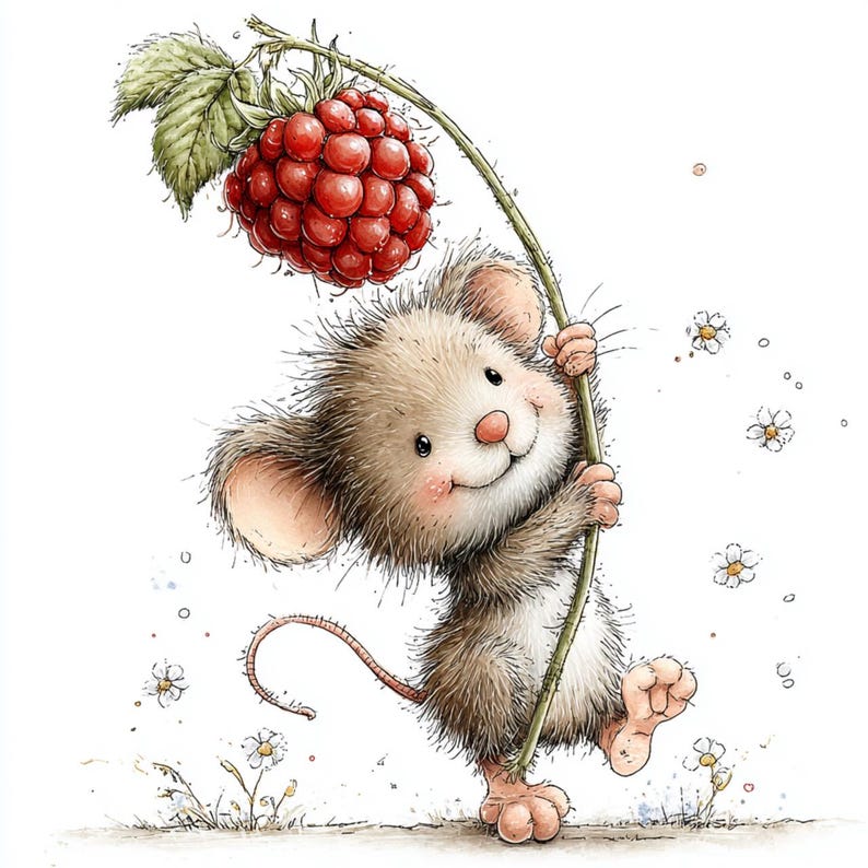May include: A charming illustration of a smiling mouse holding a stem with a large, ripe red raspberry. The mouse has soft, brown fur, a pink nose, and big ears. White daisies and grass are in the background.