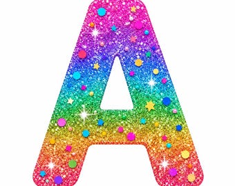 May include: A capital letter A with a vibrant rainbow gradient finish, covered in a dense layer of sparkling glitter. The surface is decorated with small, colorful confetti shapes including circles and stars in various bright hues.