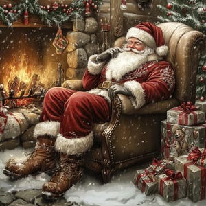 May include: Santa Claus with a white beard and red suit with white fur trim sits in a brown leather armchair by a stone fireplace. He wears brown leather boots and gloves. Several wrapped gift boxes with red ribbons are stacked on the floor.