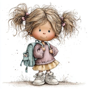 Könnte beinhalten: Illustration eines jungen Mädchens mit blonden Zöpfen, das einen rosa Pullover, einen gelben Rock und weiße Turnschuhe trägt. Sie trägt einen hellblauen Rucksack mit einem Stofftier. Der Stil ist aquarellartig.