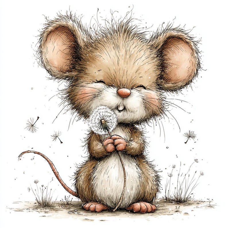 May include: A cute illustration of a mouse with a dandelion. The mouse is depicted with brown fur, big ears, and a pink nose. The dandelion is white and fluffy, with some seeds drifting away. The background is a plain, light colour.