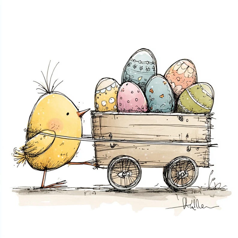May include: A yellow chick pulls a wooden cart filled with decorated Easter eggs. The eggs are pastel colors with various patterns. The illustration is a whimsical, hand-drawn style, perfect for Easter-themed products.