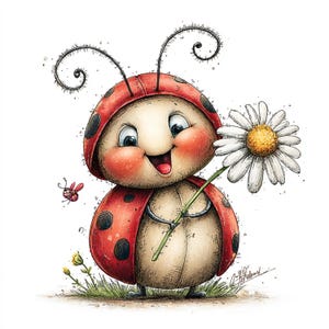 Peut inclure: Illustration fantaisiste d'une coccinelle souriante tenant une marguerite. La coccinelle est rouge avec des points noirs et un corps cr&egrave;me. Un petit insecte rouge vole &agrave; proximit&eacute;. L'&oelig;uvre est sur fond blanc.