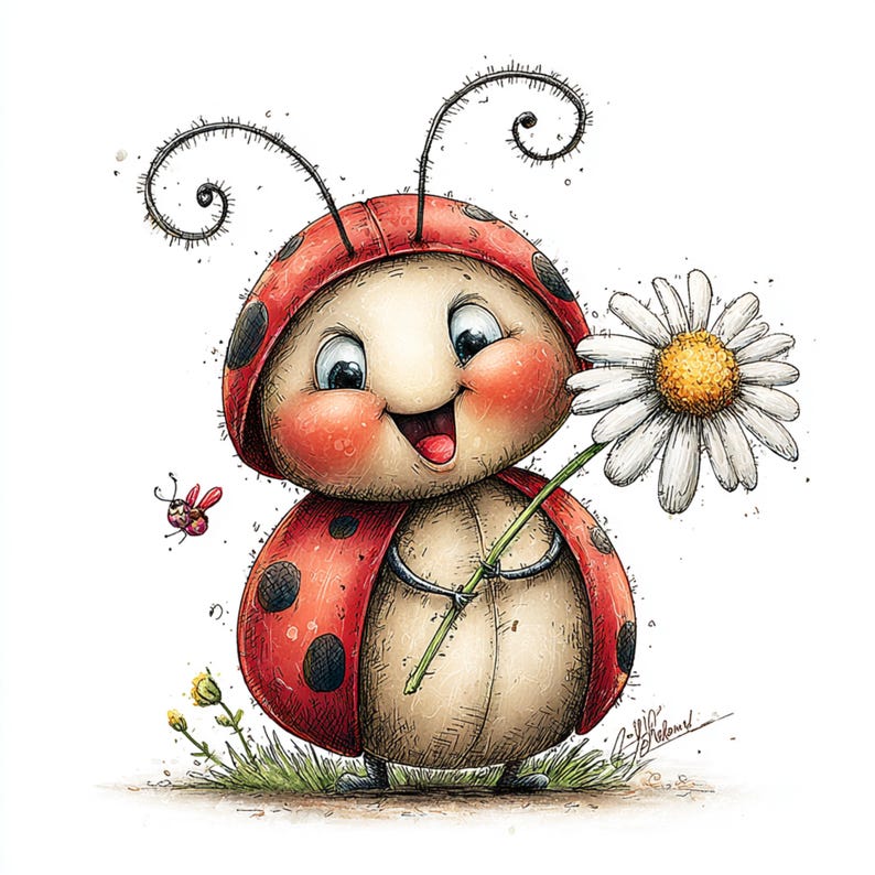 Peut inclure: Illustration fantaisiste d'une coccinelle souriante tenant une marguerite. La coccinelle est rouge avec des points noirs et un corps cr&egrave;me. Un petit insecte rouge vole &agrave; proximit&eacute;. L'&oelig;uvre est sur fond blanc.