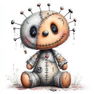 May include: A plush doll with a split-colored head, one side grey and one side tan, featuring large black button eyes and a small nose. The doll has visible stitched seams, a small red heart on its chest, and several pins stuck into its head.