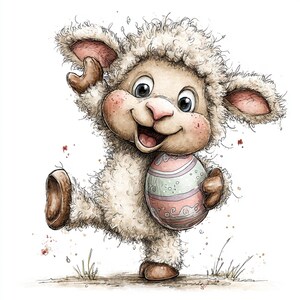 May include: A watercolor illustration of a cheerful lamb holding a decorated Easter egg. The lamb has fluffy white wool, pink ears, and rosy cheeks. The egg is pastel pink and green with decorative swirls. The lamb is standing on one leg.