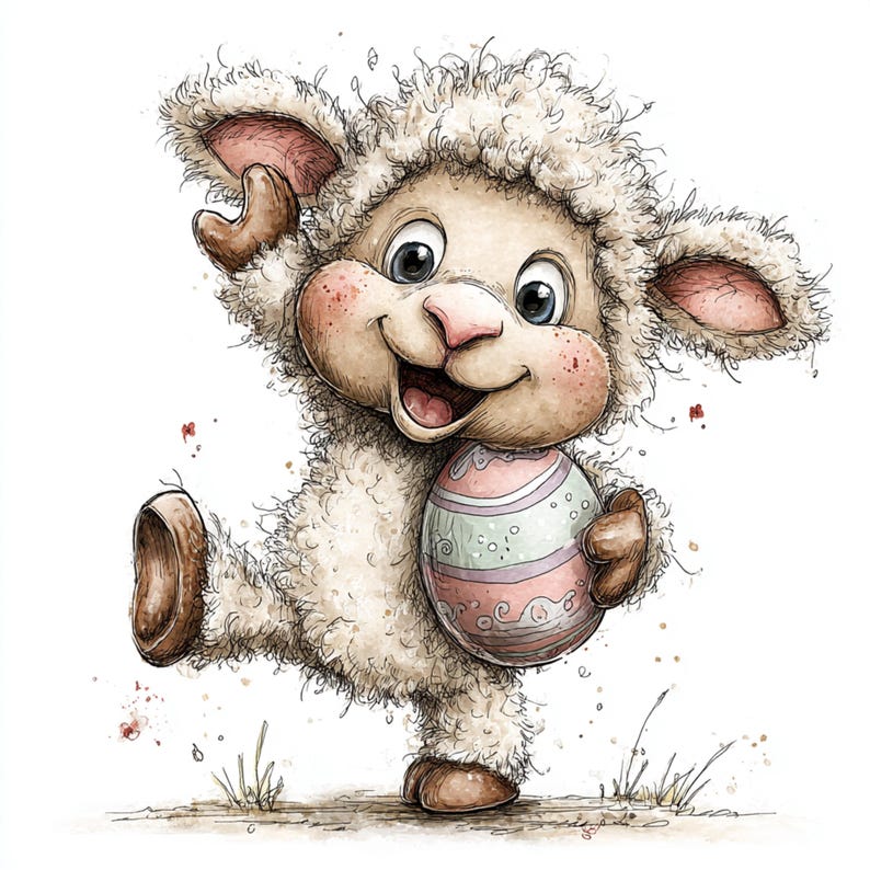 May include: A watercolor illustration of a cheerful lamb holding a decorated Easter egg. The lamb has fluffy white wool, pink ears, and rosy cheeks. The egg is pastel pink and green with decorative swirls. The lamb is standing on one leg.